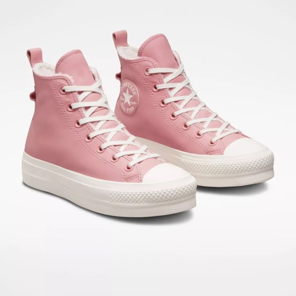 Converse Chuck Taylor Lift Hi Leather Sneakers with Borg Lining in Pink - Picture 1 of 4